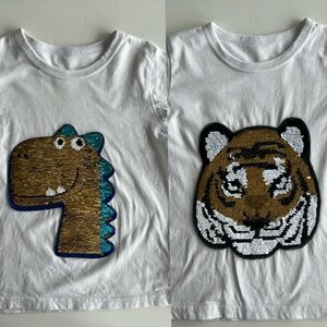 Bundle of 2 kids 4T White reversible Sequin T-Shirts, 1 dinosaur🦖 and 1 🐯/ 🐼